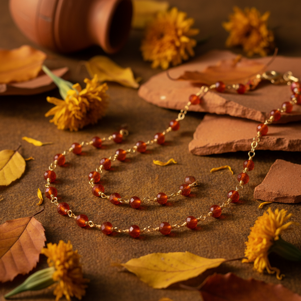 Handmade Carnelian Rosary Chain, 24K Gold Plated Jewelry Making