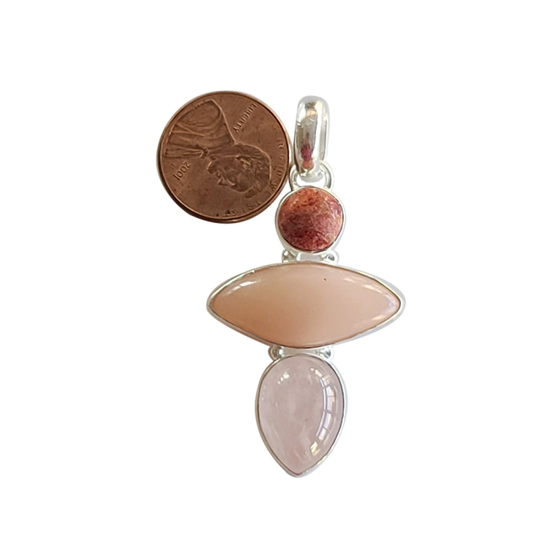 Coral, pink opal and rose quartz handmade gemstone pendants.