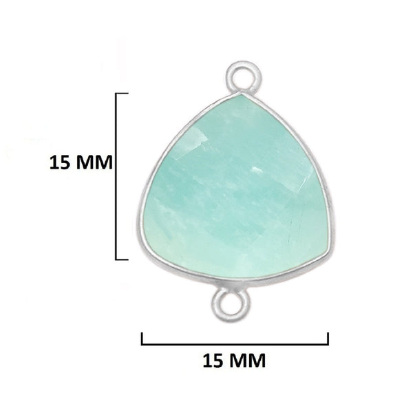 Amazonite gemstone bezel charms, 15mm triangle-shaped bezel connectors, women jewelry-making earrings, bracelets, necklace pendants, and DIY craft supplies. 925 sterling silver bezel charms connectors.