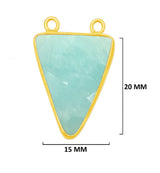 Amazonite gemstone bezel charms, 15X20mm triangle-shaped bezel connectors, women jewelry-making earrings, bracelets, necklace pendants, and DIY craft supplies. 24k gold plated over 925 sterling silver bezel charms connectors.