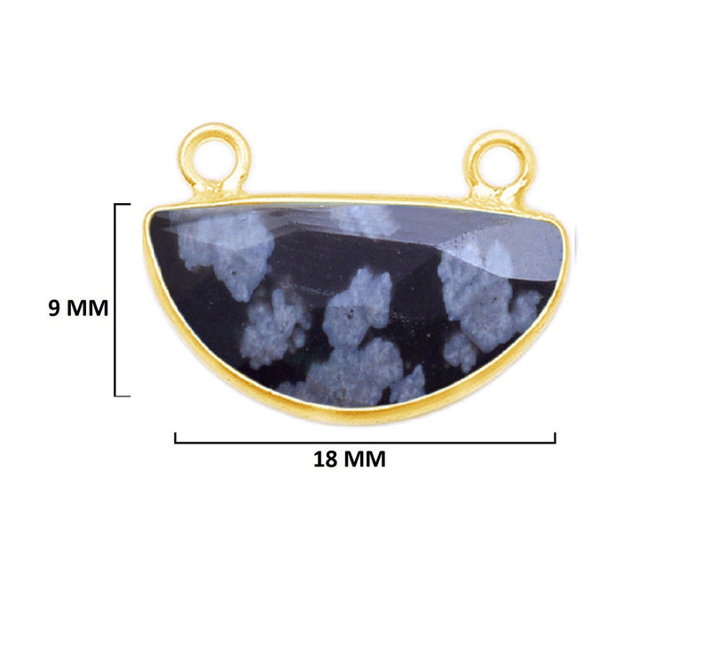 Snowflake Obsidian Stone Necklace for Jewelry Making 9X18mm Moon/Crescent Bezel Charms Connectors 24K Gold Plated Over 925 Sterling Silver
