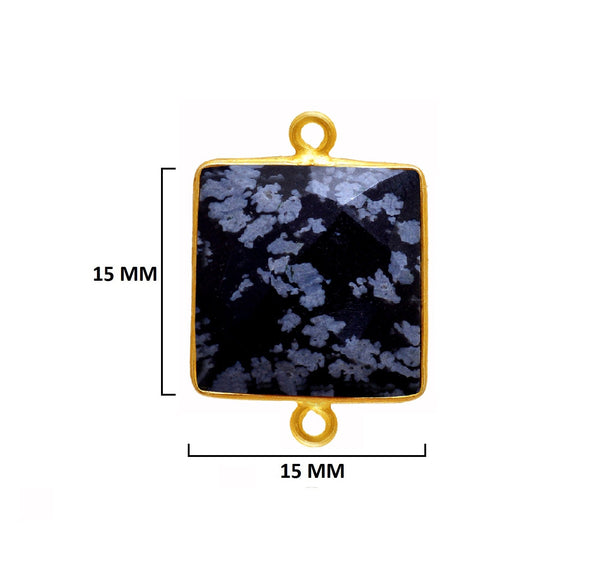 Snowflake Obsidian Stone Necklace for Jewelry Making 15mm Square Bezel Charms Pendants Connectors 24K Gold Plated Over 925 Sterling Silver