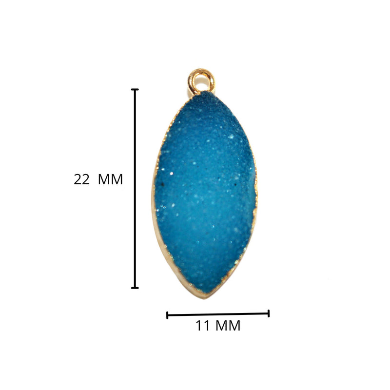 Blue druzy natural bezel charms pendants, 11X22mm marquise-evil-eye-shaped 24k gold electroplated women jewelry-making earrings, bracelets, necklaces, and DIY crafts.
