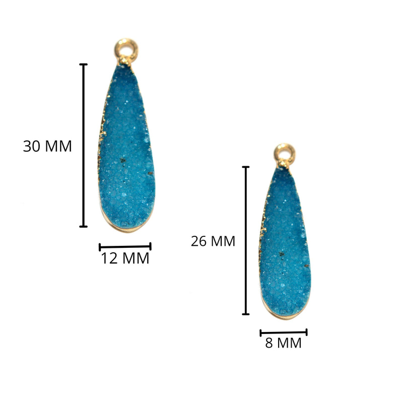 Blue druzy natural bezel charms pendants, 8X26mm pear-shaped 24k gold electroplated women jewelry-making earrings, bracelets, necklaces, and DIY crafts.