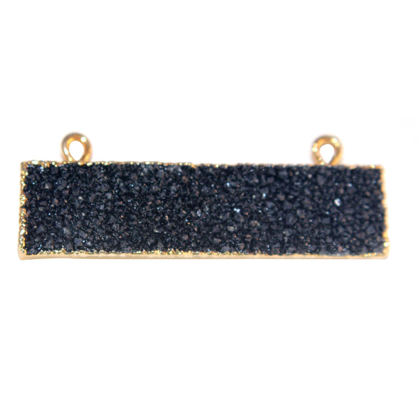 Black druzy natural bezel charms connectors, 10X40mm rectangle-shaped 24k gold electroplated women jewelry-making earrings, bracelets, necklaces, and DIY crafts.