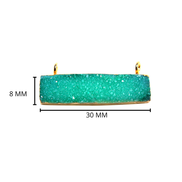Green druzy natural bezel charms connectors, 8X30mm rectangle-bar-shaped 24k gold electroplated women jewelry-making earrings, bracelets, necklaces, and DIY crafts.