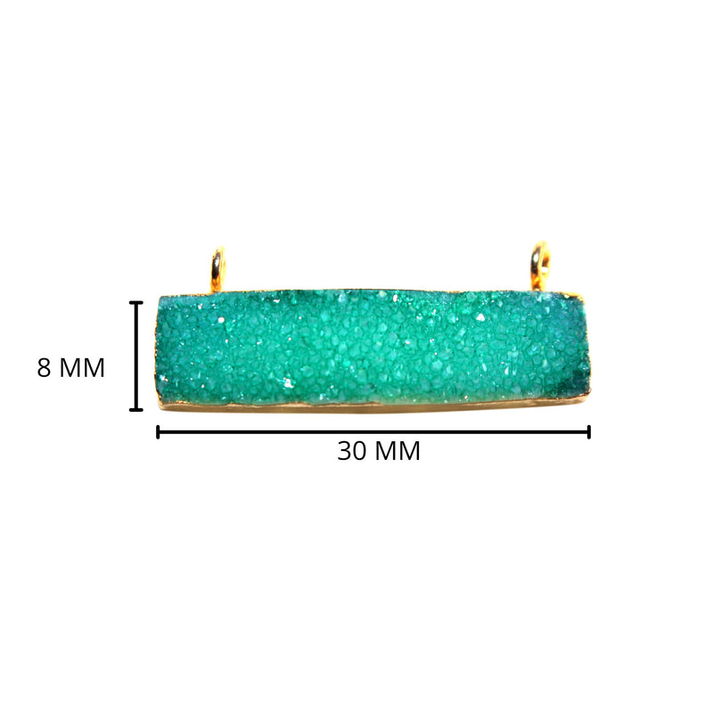 Green druzy natural bezel charms connectors, 8X30mm rectangle-bar-shaped 24k gold electroplated women jewelry-making earrings, bracelets, necklaces, and DIY crafts.