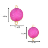 Pink druzy natural bezel charms connectors, 10mm coin-round-shaped 24k gold electroplated women jewelry-making earrings, bracelets, necklaces, and DIY crafts.