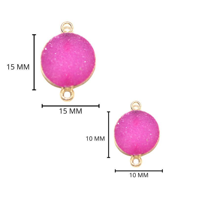 Pink druzy natural bezel charms connectors, 10mm coin-round-shaped 24k gold electroplated women jewelry-making earrings, bracelets, necklaces, and DIY crafts.