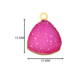 Pink druzy natural bezel charms connectors, 15mm triangle-shaped 24k gold electroplated women jewelry-making earrings, bracelets, necklaces, and DIY crafts.