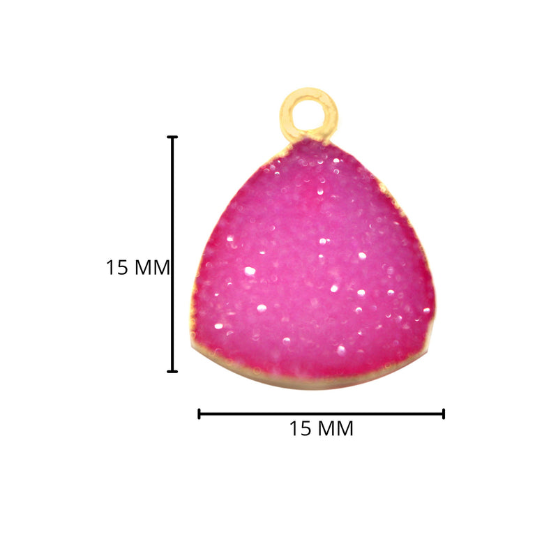 Pink druzy natural bezel charms connectors, 15mm triangle-shaped 24k gold electroplated women jewelry-making earrings, bracelets, necklaces, and DIY crafts.