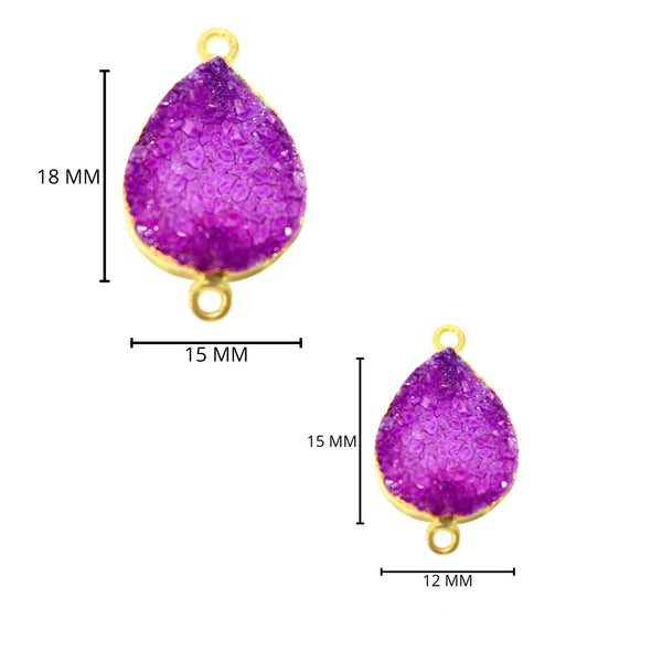 Purple druzy natural bezel charms connectors, 12X15mm pear-shaped 24k gold electroplated women jewelry-making earrings, bracelets, necklaces, and DIY crafts.