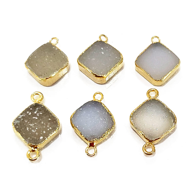 White druzy natural bezel charms connectors, 6mm cushion-diamond-shaped 24k gold electroplated women jewelry-making earrings, bracelets, necklaces, and DIY crafts.