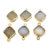 White druzy natural bezel charms pendants, 8mm cushion-diamond-shaped 24k gold electroplated women jewelry-making earrings, bracelets, necklaces, and DIY crafts.