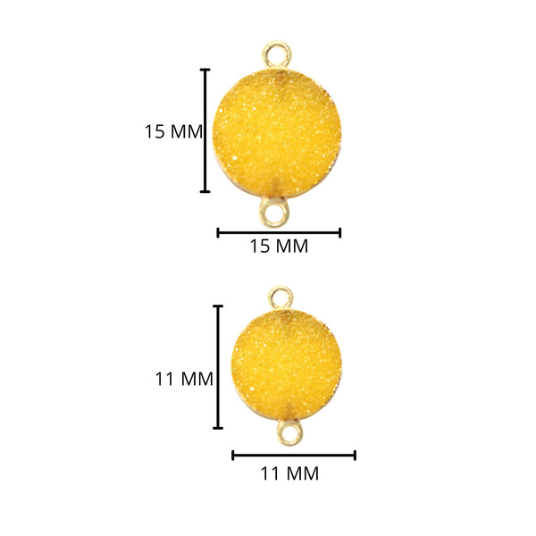 Yellow druzy natural bezel charms connectors, 11mm coin-round-shaped 24k gold electroplated women jewelry-making earrings, bracelets, necklaces, and DIY crafts.