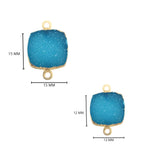 Blue druzy natural bezel charms connectors, 15mm square-shaped 24k gold electroplated women jewelry-making earrings, bracelets, necklaces, and DIY crafts.