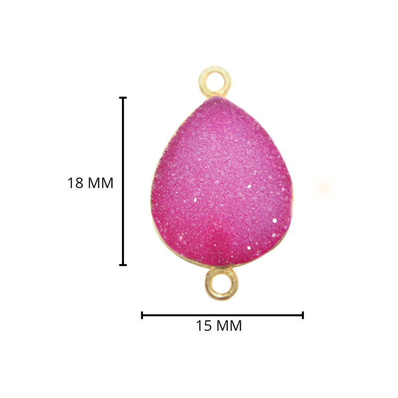Pink druzy natural bezel charms connectors, 15X18mm pear-shaped 24k gold electroplated women jewelry-making earrings, bracelets, necklaces, and DIY crafts.