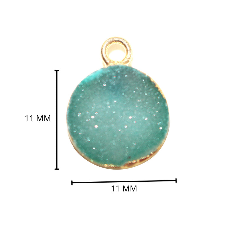 Green druzy natural bezel charms pendants, 11mm coin-round-shaped 24k gold electroplated women jewelry-making earrings, bracelets, necklaces, and DIY crafts.