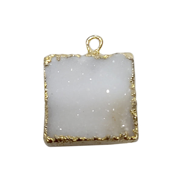White druzy natural bezel charms connectors, 10mm square-shaped 24k gold electroplated women jewelry-making earrings, bracelets, necklaces, and DIY crafts.