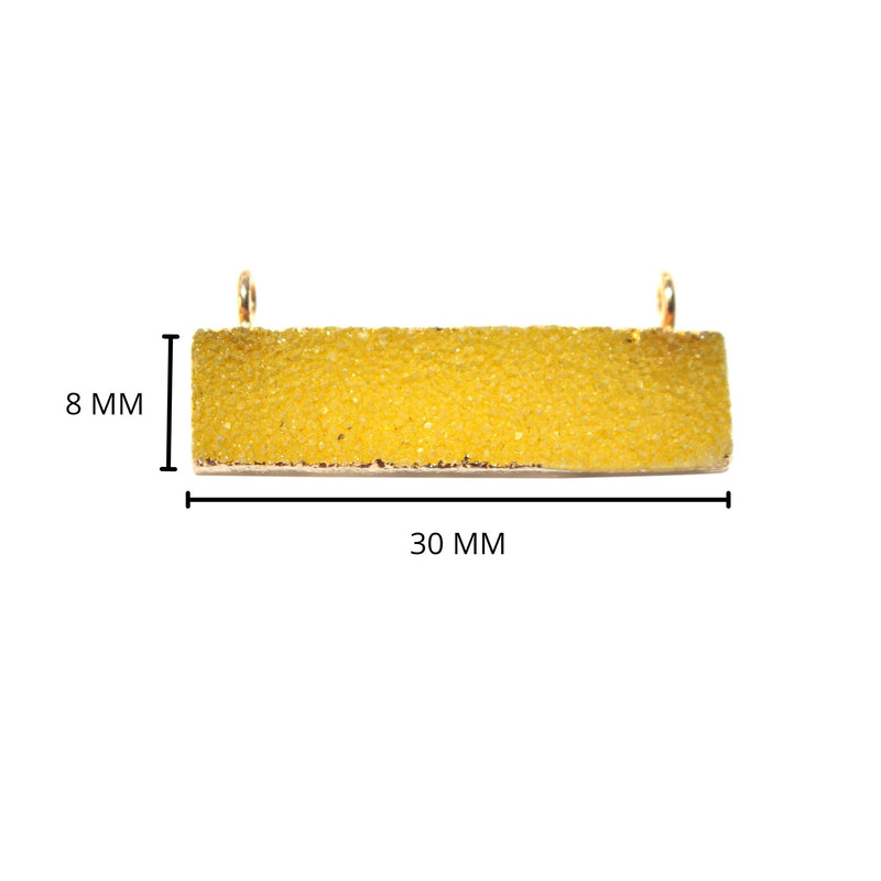 Yellow druzy natural bezel charms connectors, 8X30mm rectangle-shaped 24k gold electroplated women jewelry-making earrings, bracelets, necklaces, and DIY crafts.