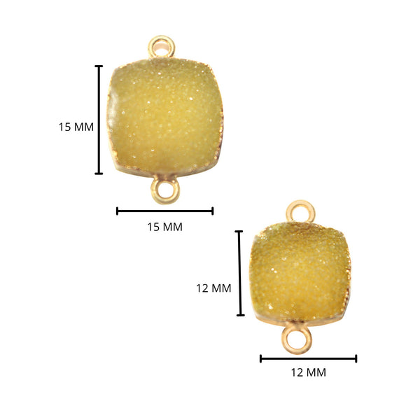 Yellow druzy natural bezel charms connectors, 12mm square-shaped 24k gold electroplated women jewelry-making earrings, bracelets, necklaces, and DIY crafts.