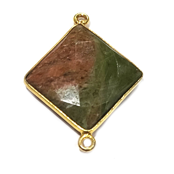 Unakite Jasper Stone Necklace for Jewelry Making 18mm Cushion/Diamond Bezel Charms Connectors 24K Gold Plated Over 925 Sterling Silver