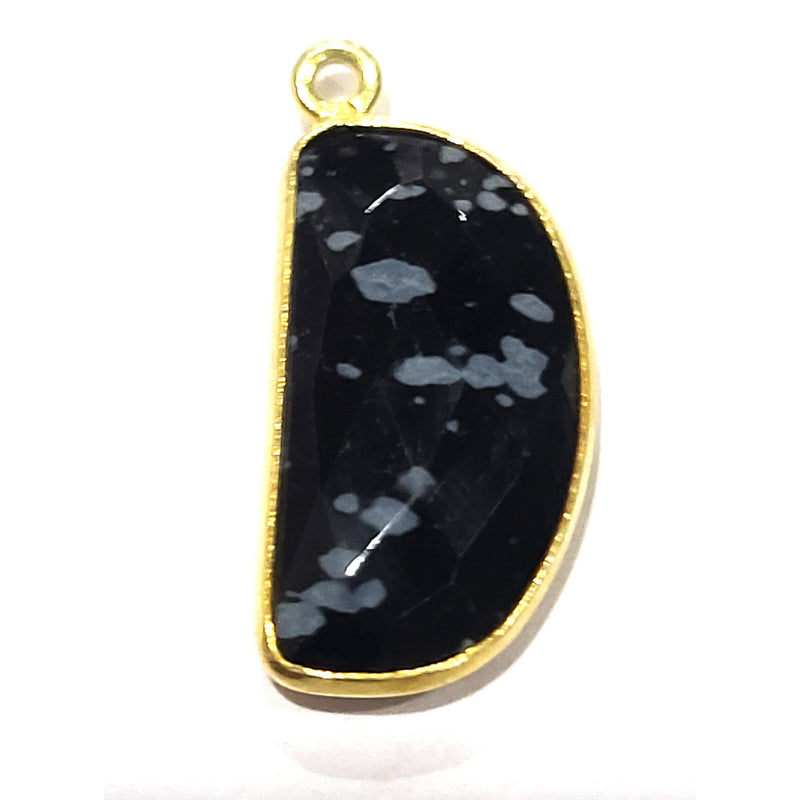 Obsidian Snowflake Stone Necklace for Jewelry Making 9X18mm Moon/Crescent Bezel Charms Pendants 24K Gold Plated Over 925 Sterling Silver