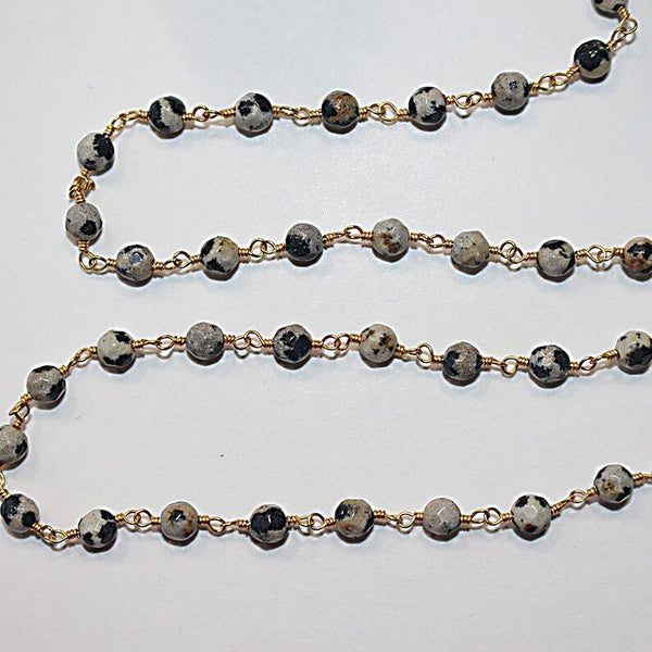 dalmatian jasper natural semi-precious gemstone beads 24k gold plated over silver rosary chain for a necklace, earrings, anklet, and bracelet making.