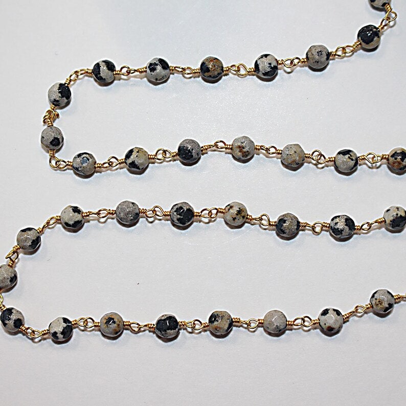 dalmatian jasper natural semi-precious gemstone beads 24k gold plated over silver rosary chain for a necklace, earrings, anklet, and bracelet making.