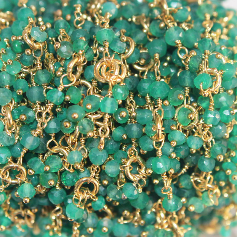 green onyx semi-precious gemstone beads 24k gold plated over silver rosary chain for a necklace, earrings, anklet, and bracelet making.