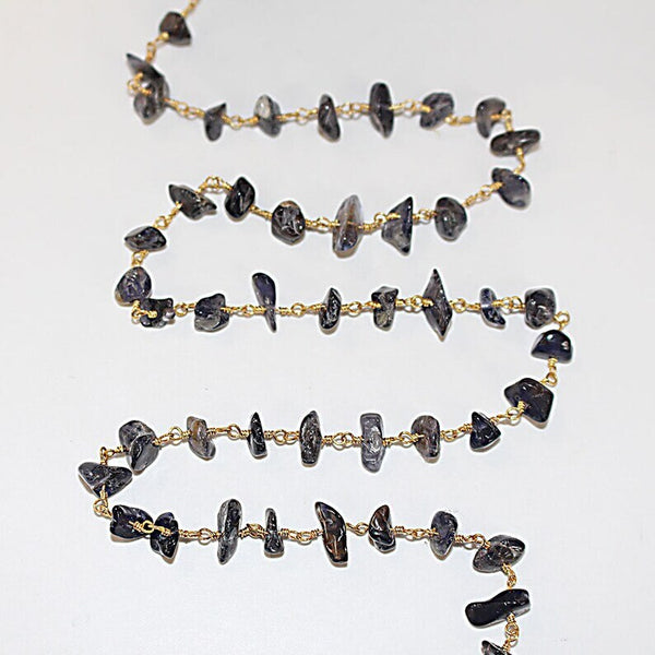 iolite chips semi-precious gemstone beads 24k gold plated over silver rosary chain for a necklace, earrings, anklet, and bracelet making.
