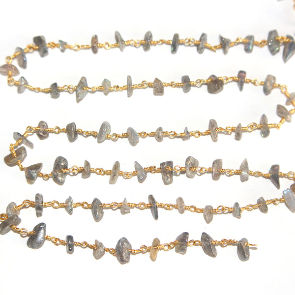 labradorite chips semi-precious gemstone beads 24k gold plated over silver rosary chain for a necklace, earrings, anklet, and bracelet making.