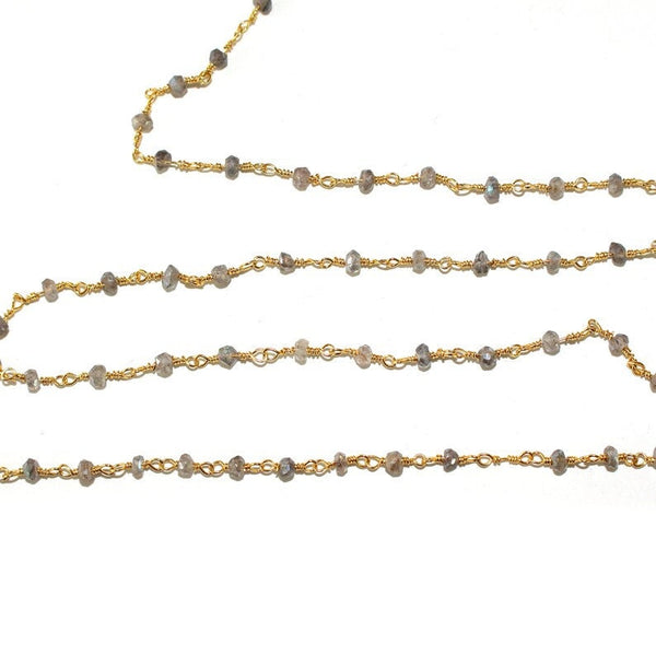 labradorite mystic natural semi-precious gemstone beads 24k gold plated over silver rosary chain for a necklace, earrings, anklet, and bracelet making.