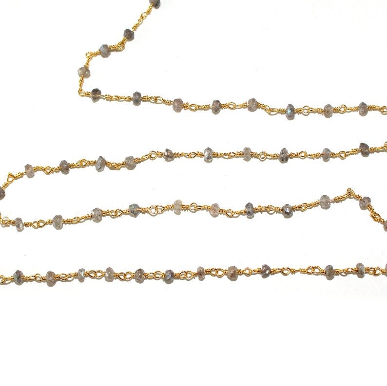 labradorite mystic natural semi-precious gemstone beads 24k gold plated over silver rosary chain for a necklace, earrings, anklet, and bracelet making.