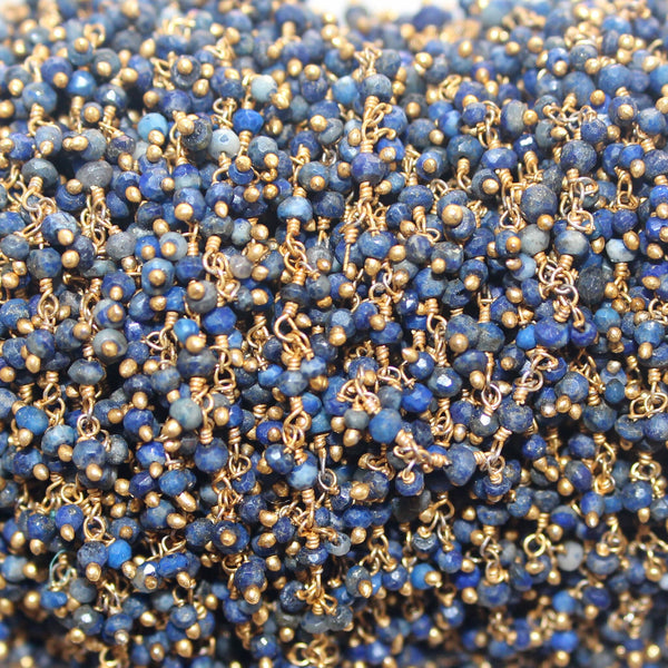 lapis lazuli natural semi-precious gemstone beads 24k gold plated over silver rosary chain for a necklace, earrings, anklet, and bracelet making.