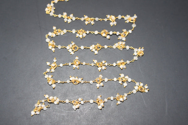 rainbow moonstone semi-precious gemstone beads 24k gold plated over silver rosary chain for a necklace, earrings, anklet, and bracelet making.