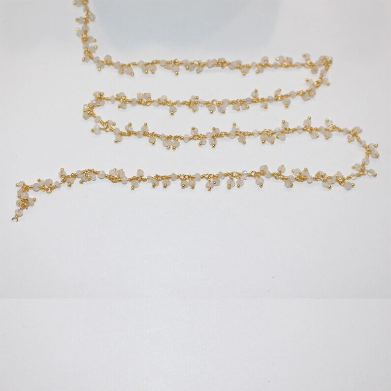 rainbow moonstone natural semi-precious gemstone beads 24k gold plated over silver rosary chain for a necklace, earrings, anklet, and bracelet making.
