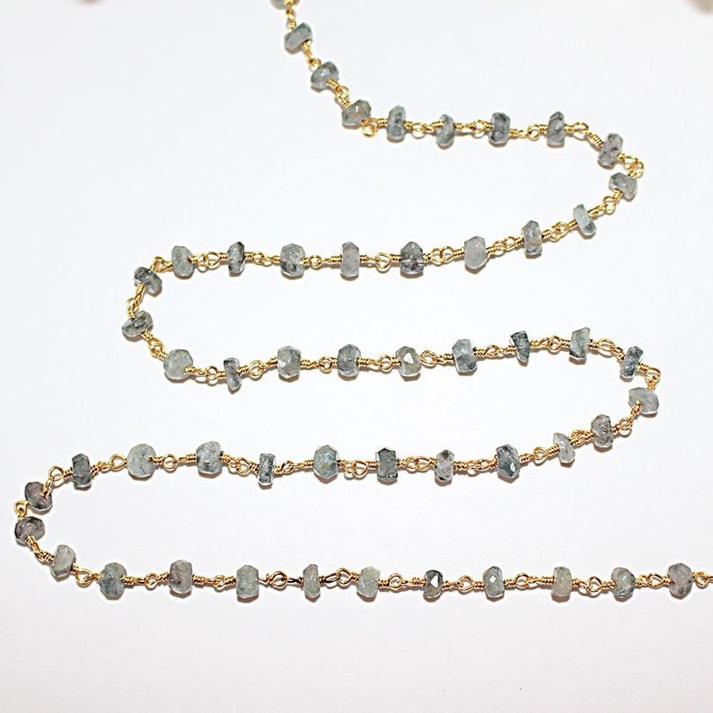 moss aquamarine natural semi-precious gemstone beads 24k gold plated over silver rosary chain for a necklace, earrings, anklet, and bracelet making.