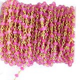 fuschia pink chalcedony natural semi-precious gemstone beads 24k gold plated over silver rosary chain for a necklace, earrings, anklet, and bracelet making.