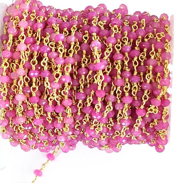fuschia pink chalcedony natural semi-precious gemstone beads 24k gold plated over silver rosary chain for a necklace, earrings, anklet, and bracelet making.