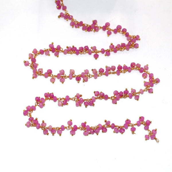 fuschia pink chalcedony natural semi-precious gemstone beads 24k gold plated over silver rosary chain for a necklace, earrings, anklet, and bracelet making.