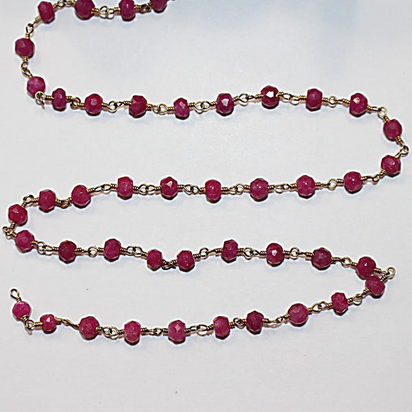 ruby natural semi-precious gemstone beads 24k gold plated over silver rosary chain for a necklace, earrings, anklet, and bracelet making.