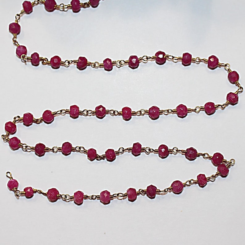 ruby natural semi-precious gemstone beads 24k gold plated over silver rosary chain for a necklace, earrings, anklet, and bracelet making.