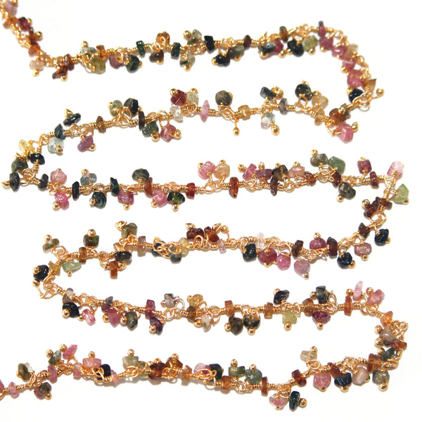 multi tourmaline natural semi-precious gemstone beads 24k gold plated over silver rosary chain for a necklace, earrings, anklet, and bracelet making.