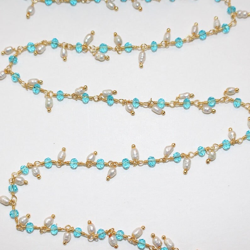 blue topaz quartz gemstone bead chain 24k gold plated over silver, women jewelry making necklaces, earrings, and bracelets bead chain.