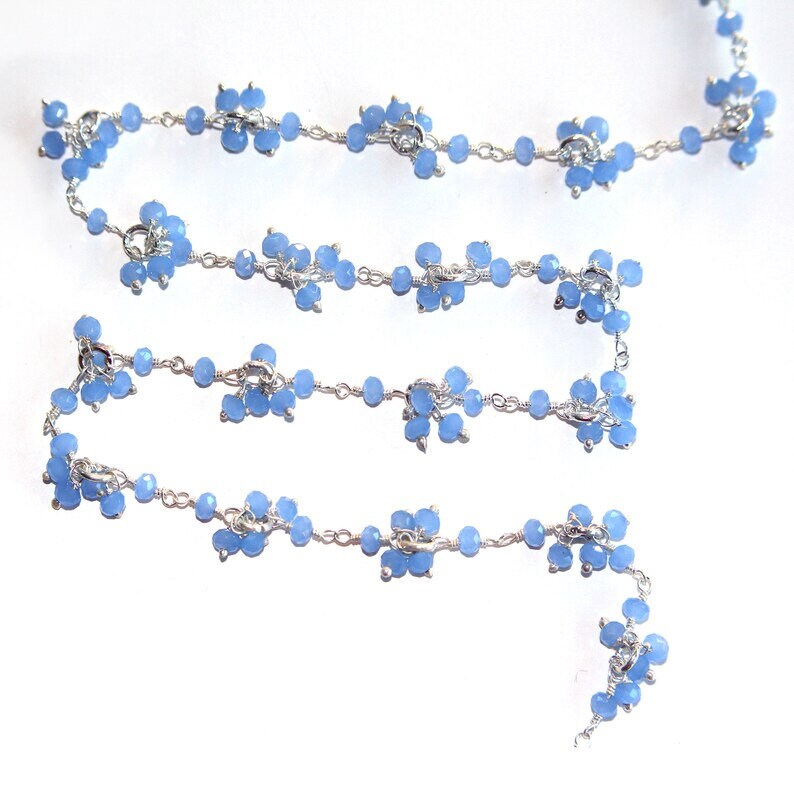 blue chalcedony gemstone bead chain silver, women jewelry making necklaces, earrings, and bracelets bead chain.