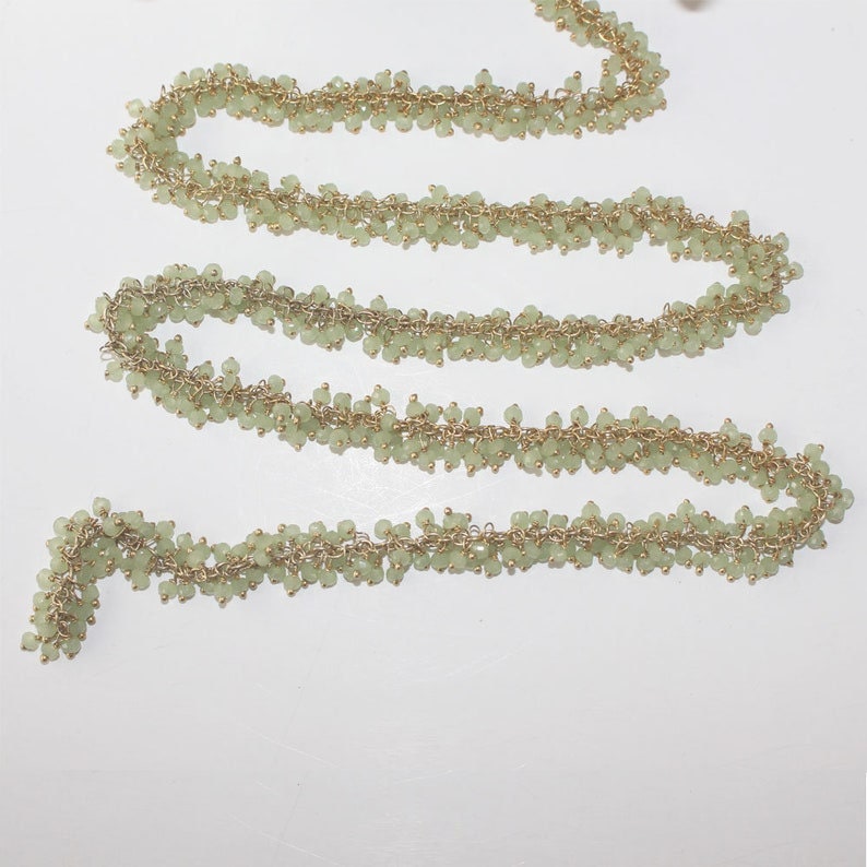 green chalcedony semi-precious gemstone beads 24k gold plated over silver rosary chain for a necklace, earrings, anklet, and bracelet making.