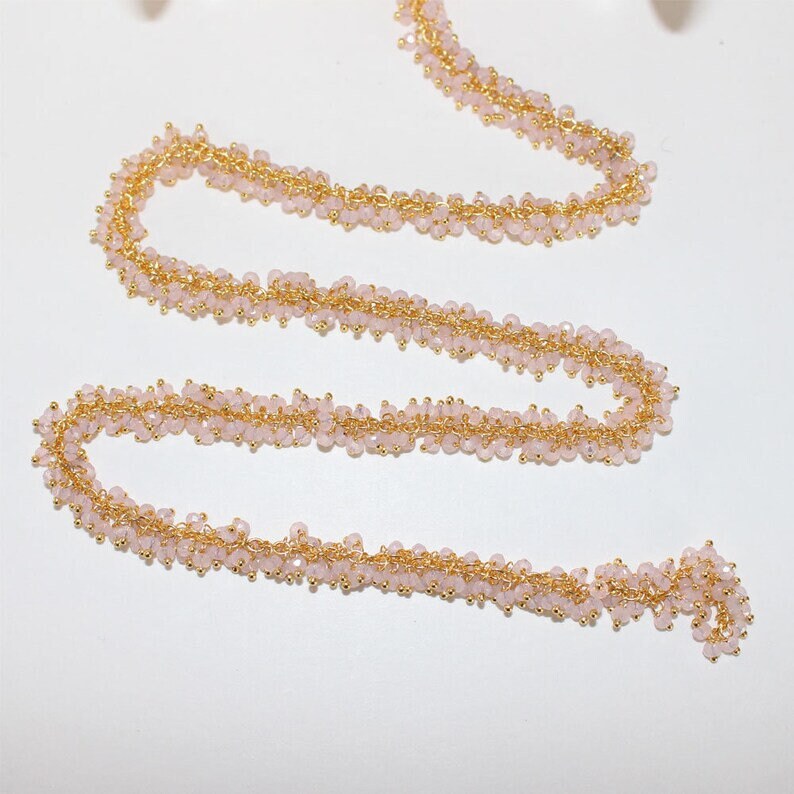 pink chalcedony semi-precious gemstone beads 24k gold plated over silver rosary chain for a necklace, earrings, anklet, and bracelet making.