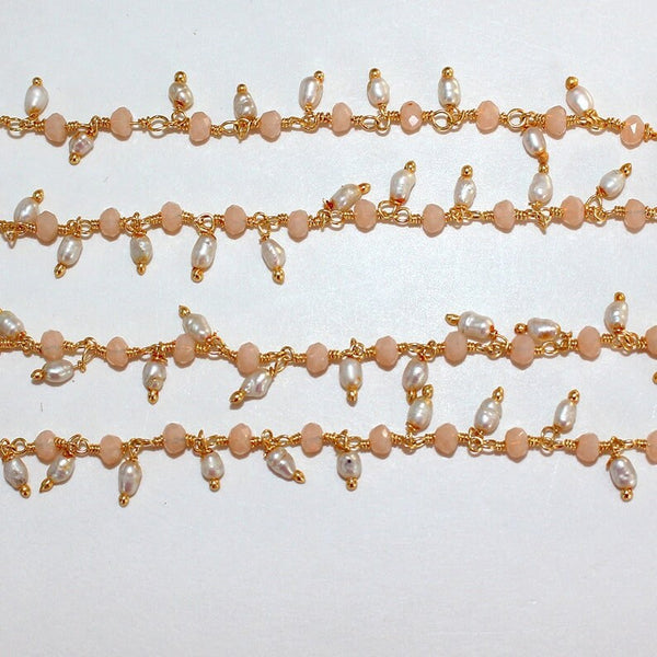 Pink opal quartz gemstone bead chain 24k gold plated over silver, women jewelry making necklaces, earrings, and bracelets bead chain.