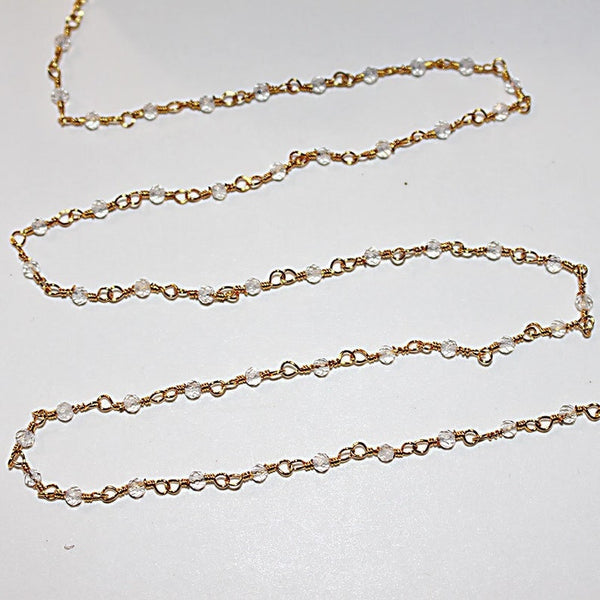 clear quartz natural semi-precious gemstone beads 24k gold plated over silver rosary chain for a necklace, earrings, anklet, and bracelet making.